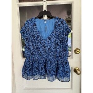 Old Navy Blue Floral Boho Office Waist Defined Dolman Sleeve Top Blouse 2X New